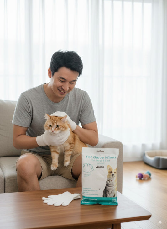 Abeibei Pet Glove Wipes for Dogs & Cats - 6 PCS Rinse-Free Cleaning & Deodorizing Gloves with Aloe Extract, Hypoallergenic Grooming Wipes for All Pets, Fragrance-Free and Safe for Licking