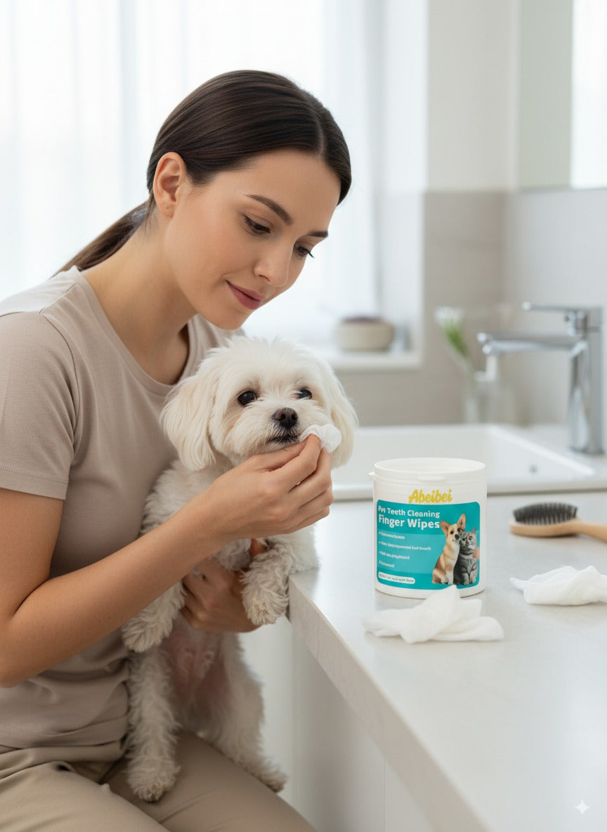 ABEIBEI Pet Teeth Cleaning Finger Wipes for Cats & Dogs – Dental Care Wipes to Reduce Tartar, Freshen Breath & Maintain Oral Hygiene – Easy-to-Use Finger Design – 100 Count