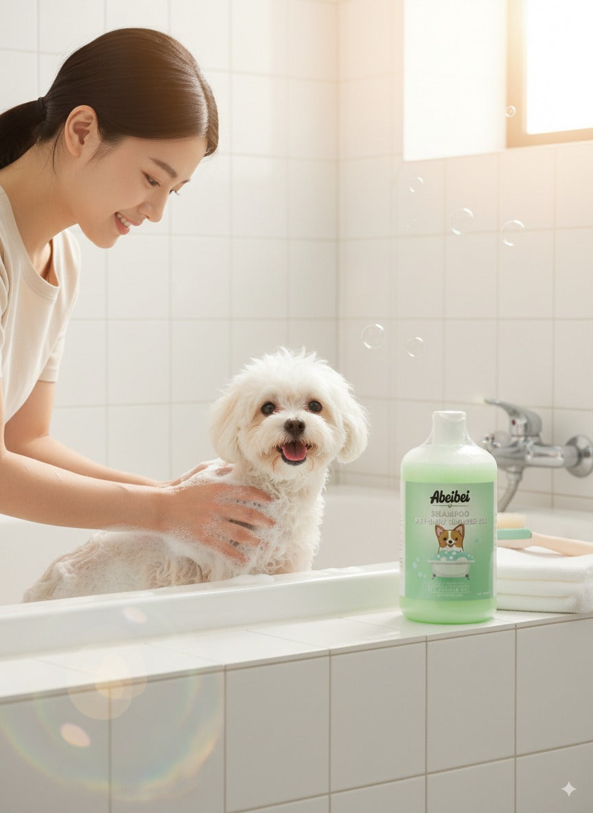 Abeibei Pet Shampoo and Shower Gel - Hypoallergenic Dog Shampoo for Sensitive Skin, Moisturizing & Deodorizing Puppy Bath Supplies with Fresh Scent, Grooming Cleanser for Dogs & Cats (16.9 Fl Oz)