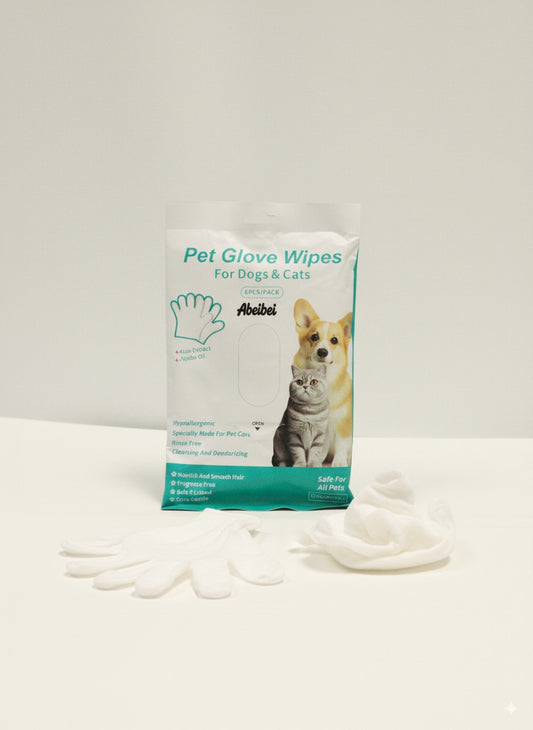 Abeibei Pet Glove Wipes for Dogs & Cats - 6 PCS Rinse-Free Cleaning & Deodorizing Gloves with Aloe Extract, Hypoallergenic Grooming Wipes for All Pets, Fragrance-Free and Safe for Licking
