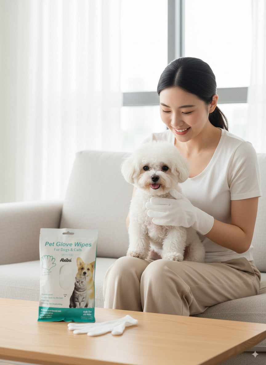 Abeibei Pet Glove Wipes for Dogs & Cats - 6 PCS Rinse-Free Cleaning & Deodorizing Gloves with Aloe Extract, Hypoallergenic Grooming Wipes for All Pets, Fragrance-Free and Safe for Licking